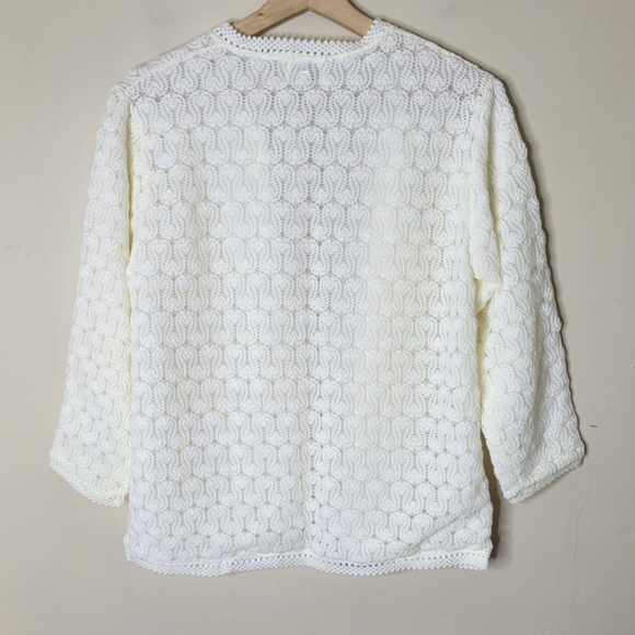 Vintage 60s Vienna Lace Open Front Cardigan S Ivory Acrylic Made In Japan - Picture 6 of 7